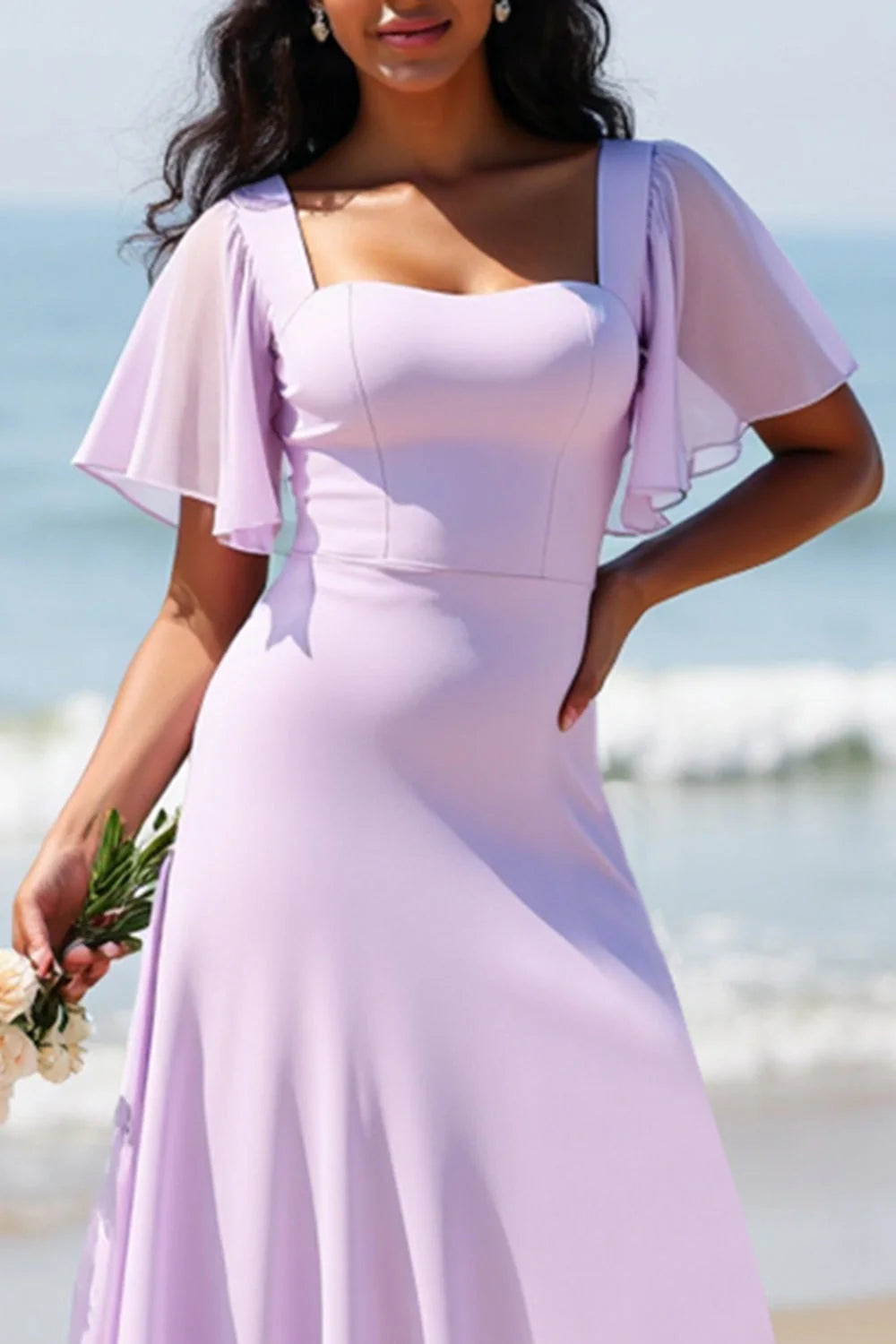 Lilac Chiffon A Line Long Bridesmaid Dress with Flutter Sleeves