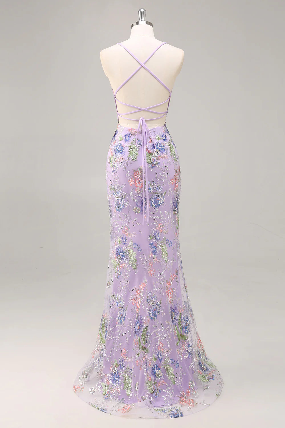 Lilac Mermaid Spaghetti Straps Sequins Long Prom Dress with Lace Up Back