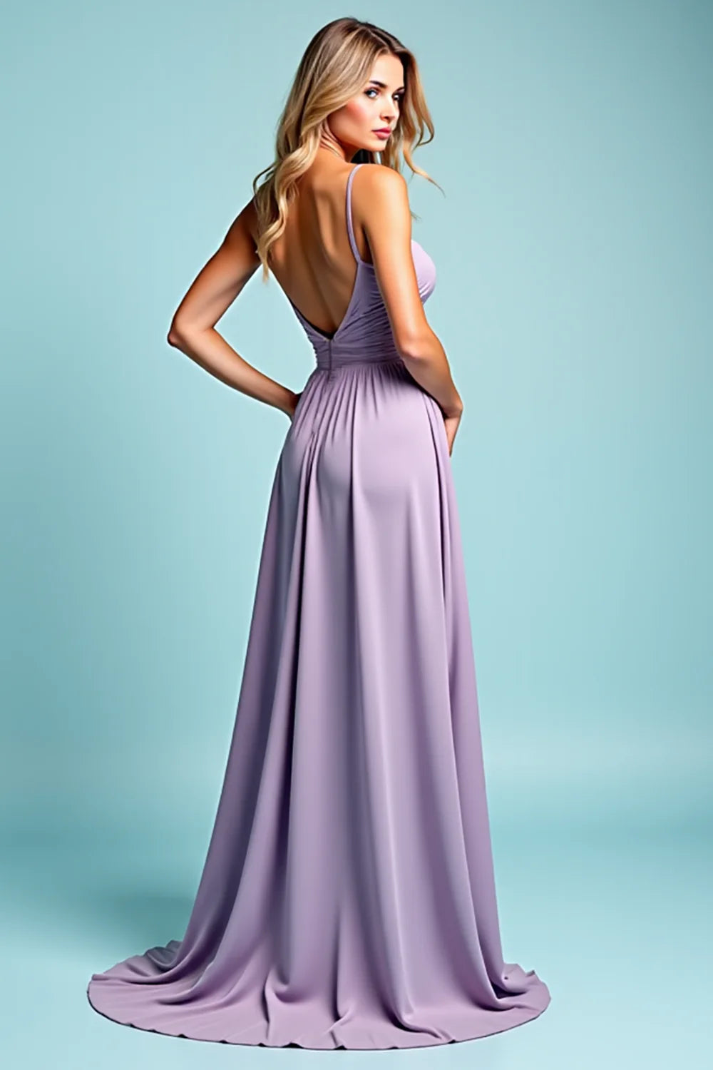 Lilac Pleated Satin Long A Line Prom Dress with Slit