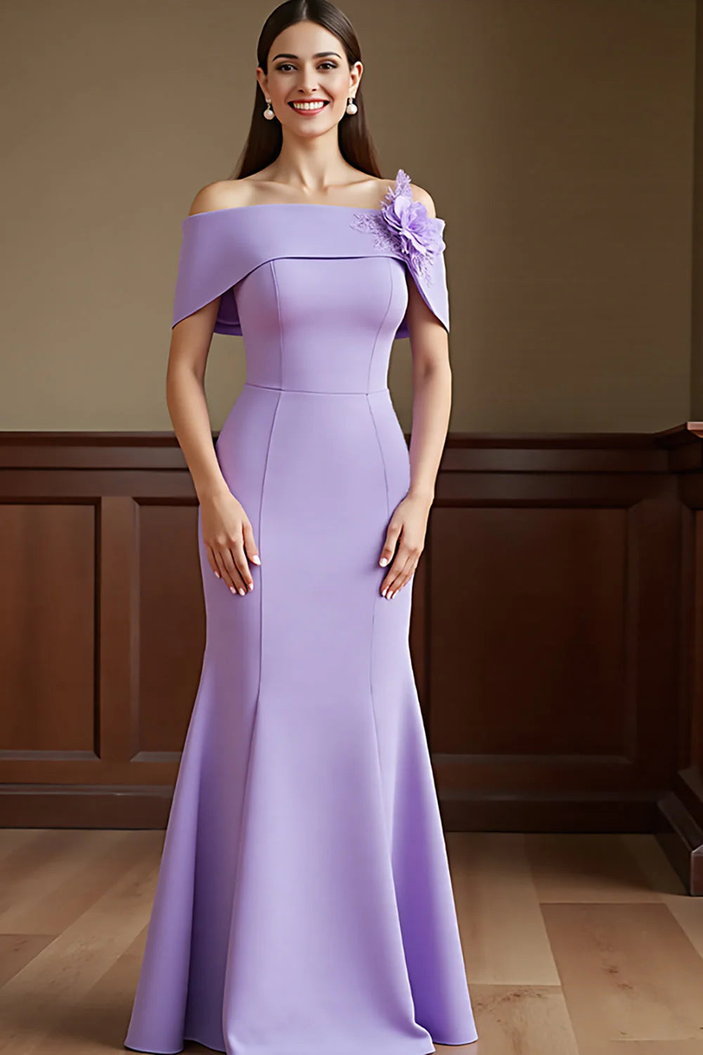 Lilac Satin Long Sheath Mother of the Bride Dress with Flowers