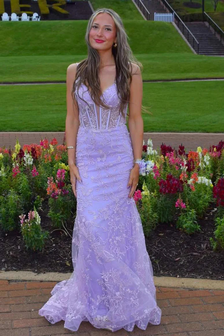 Lilac Spaghetti Straps Lace Appliques V-Neck Mermaid Prom Dress