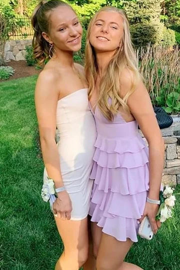 Lilac Spaghetti Straps V-Neck Layered Chiffon Short Homecoming Dress