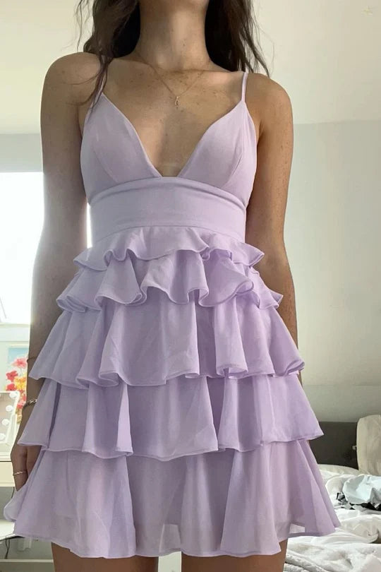 Lilac Spaghetti Straps V-Neck Layered Chiffon Short Homecoming Dress