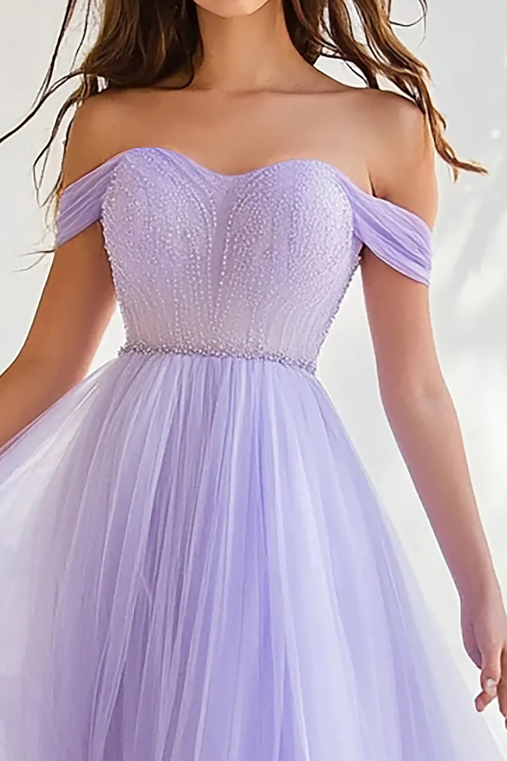 Lilac Tulle A Line Off the Shoulder Ball Gown Long Prom Dress
