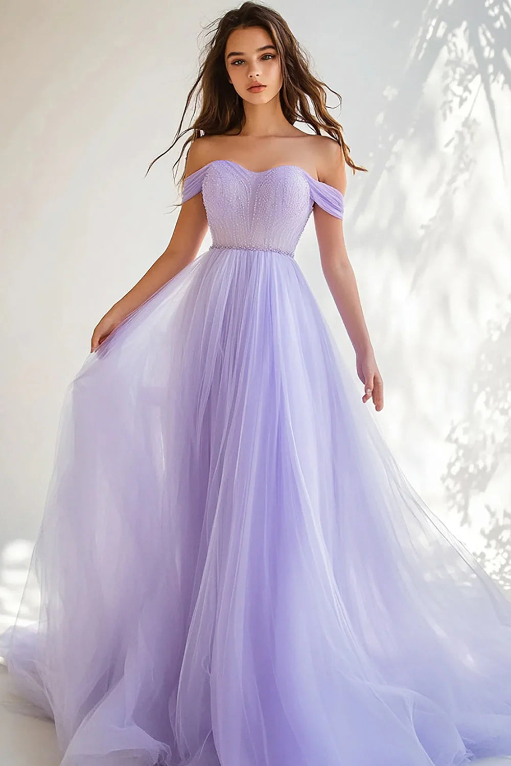Lilac Tulle A Line Off the Shoulder Ball Gown Long Prom Dress