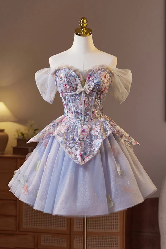 Lilac Tulle Floral Short Prom Dress, Lovely A-Line Evening Party Dress