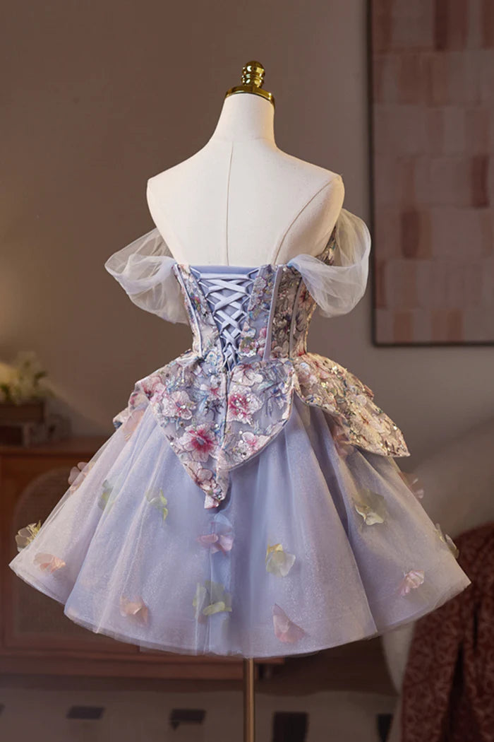 Lilac Tulle Floral Short Prom Dress, Lovely A-Line Evening Party Dress