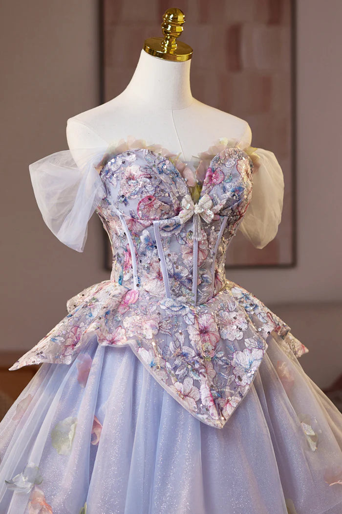 Lilac Tulle Floral Short Prom Dress, Lovely A-Line Evening Party Dress