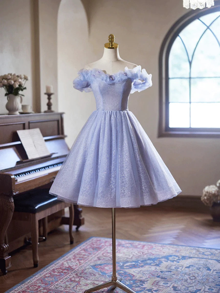Lilac Tulle Knee Length Prom Dress, Lovely A-Line Off the Shoulder Evening Party Dress