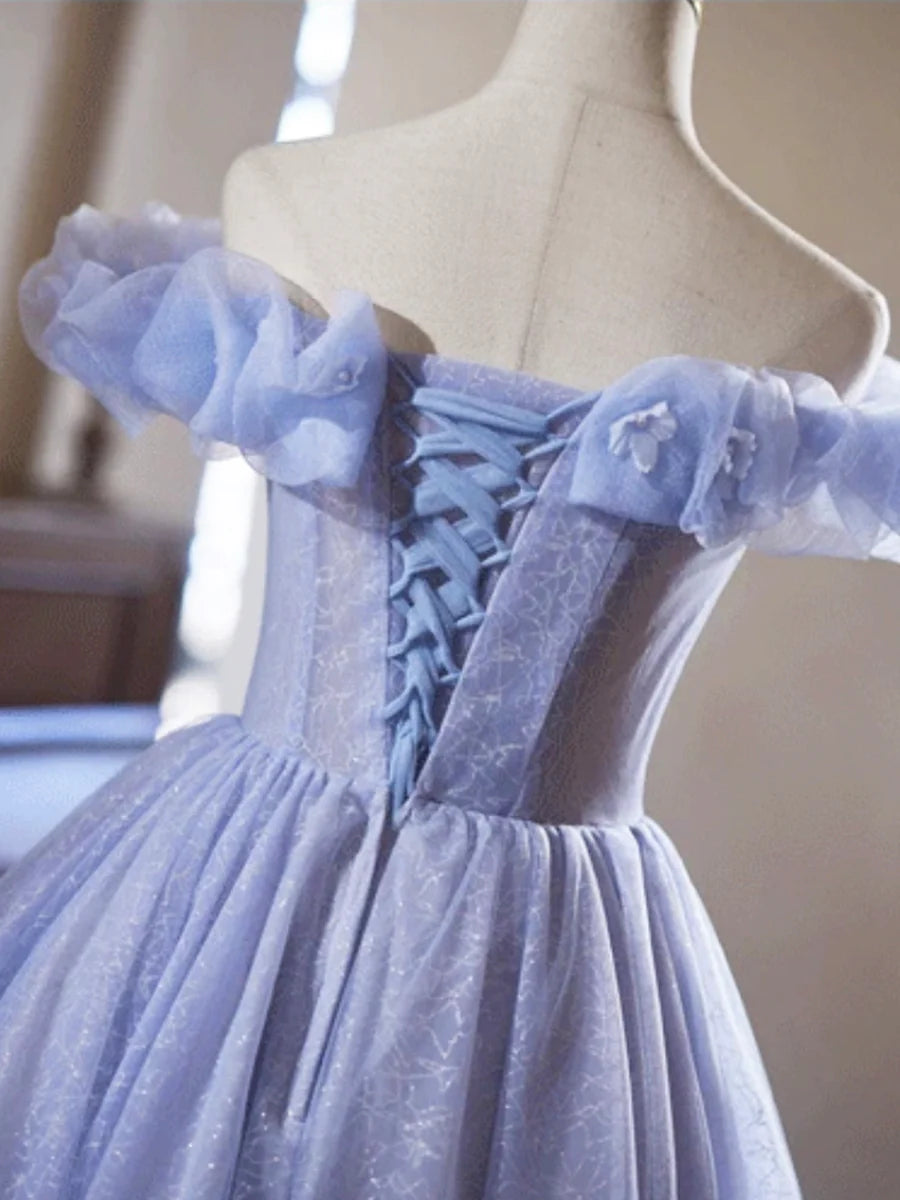 Lilac Tulle Knee Length Prom Dress, Lovely A-Line Off the Shoulder Evening Party Dress