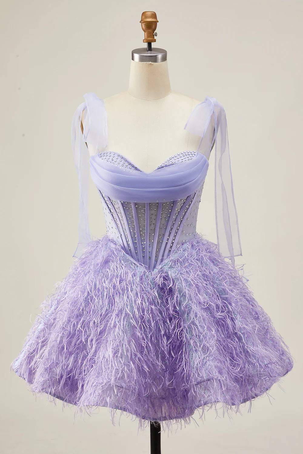 Lilac A-Line Spaghetti Straps Corset Beaded Homecoming Dress with Feathers