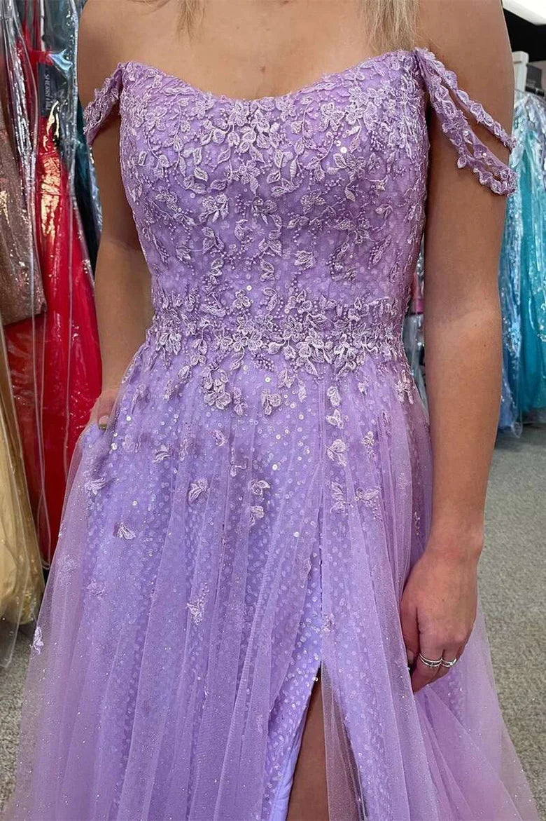 Lilac Tulle Off-the-Shoulder Appliqués Long Prom Dress