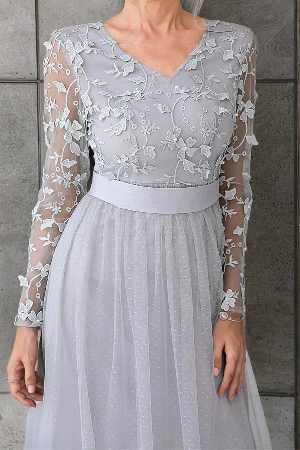 Long Sleeve Lace Silver Tea Length Mother of the Bride Dress