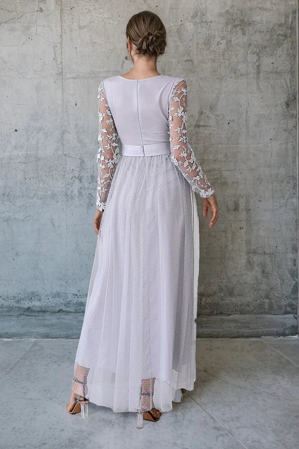 Long Sleeve Lace Silver Tea Length Mother of the Bride Dress