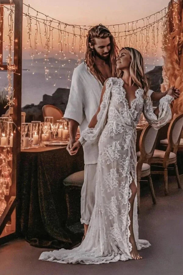 Long Sleeve V-neck Lace Appliques Boho Wedding Dress