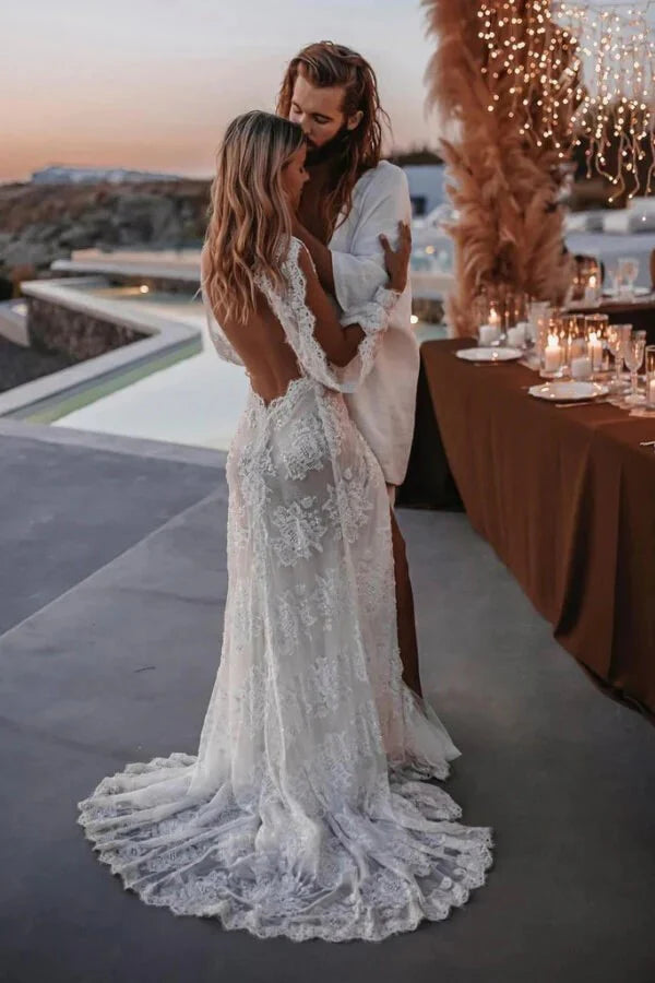 Long Sleeve V-neck Lace Appliques Boho Wedding Dress