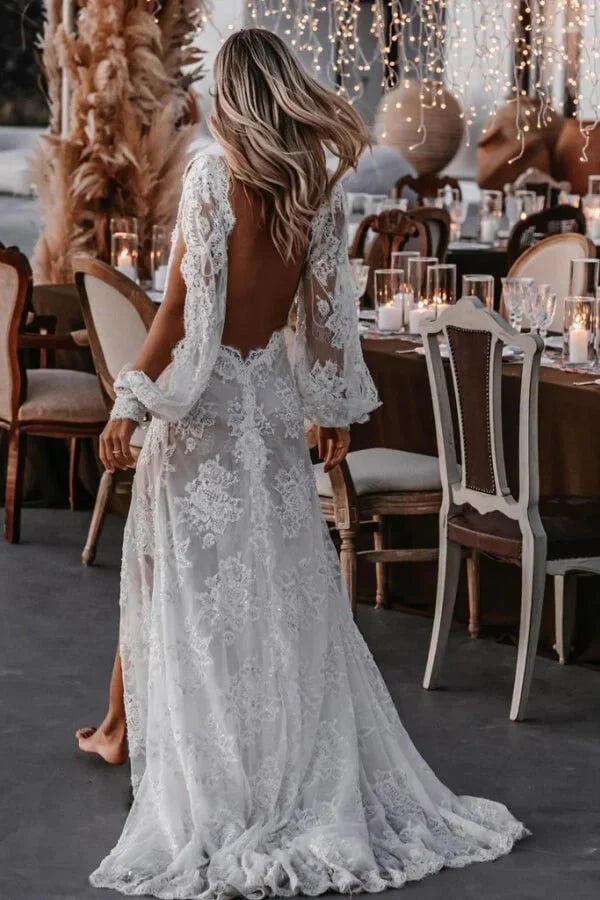 Long Sleeve V-neck Lace Appliques Boho Wedding Dress