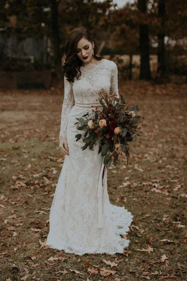 Long Sleeve Vintage Wedding Dress Backless Rustic Bridal Gown