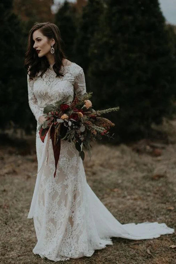 Long Sleeve Vintage Wedding Dress Backless Rustic Bridal Gown