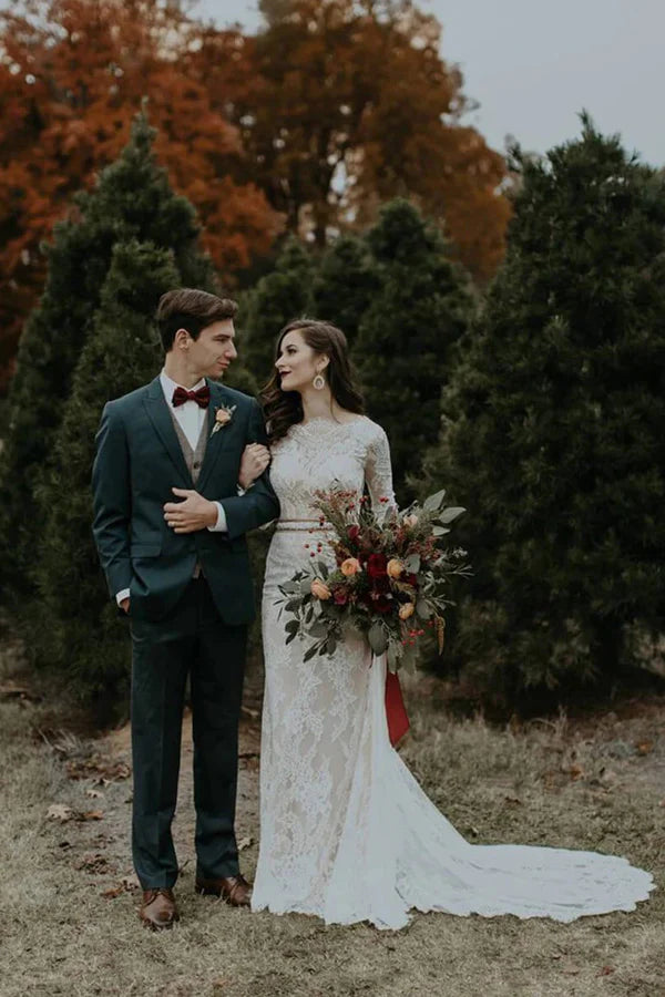 Long Sleeve Vintage Wedding Dress Backless Rustic Bridal Gown