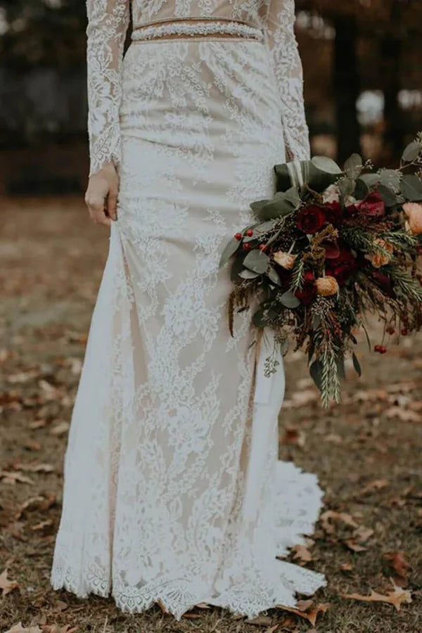 Long Sleeve Vintage Wedding Dress Backless Rustic Bridal Gown