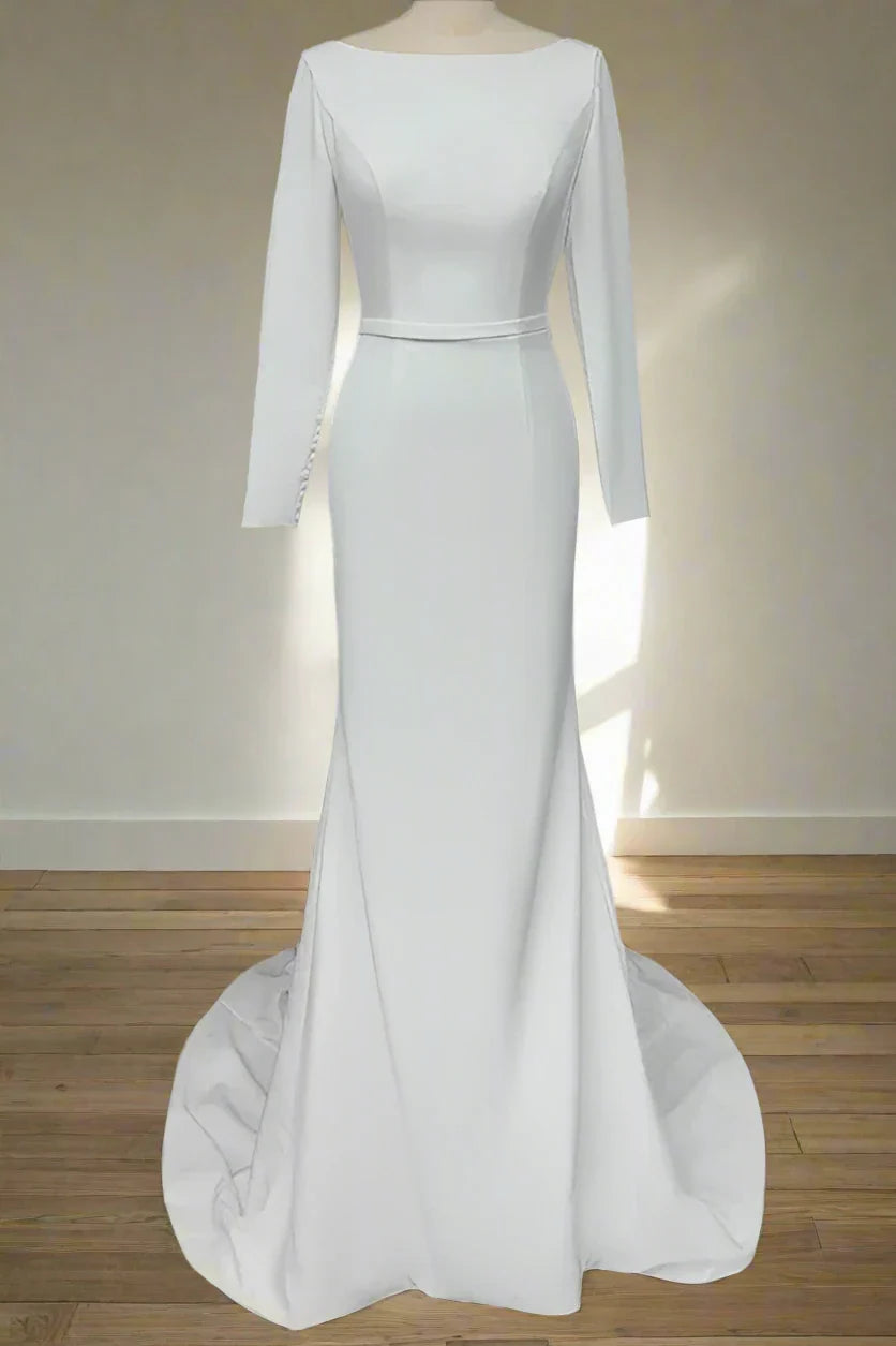 Long Sleeve Wedding Dresses with Boat Neck, Fitted Waistband and Mermaid Train Bridal Gown
