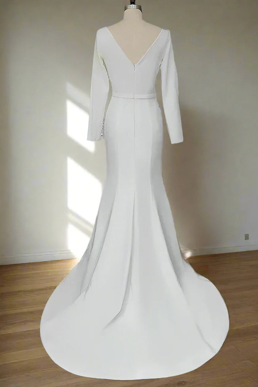 Long Sleeve Wedding Dresses with Boat Neck, Fitted Waistband and Mermaid Train Bridal Gown