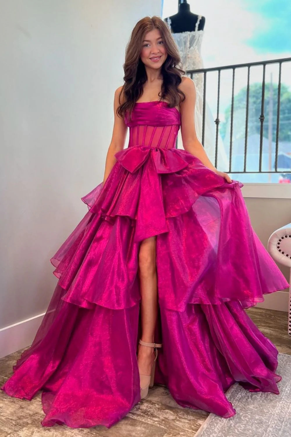 Lovely A-Line Fuchsia Strapless Long Organza Full Of Charm Prom Dress