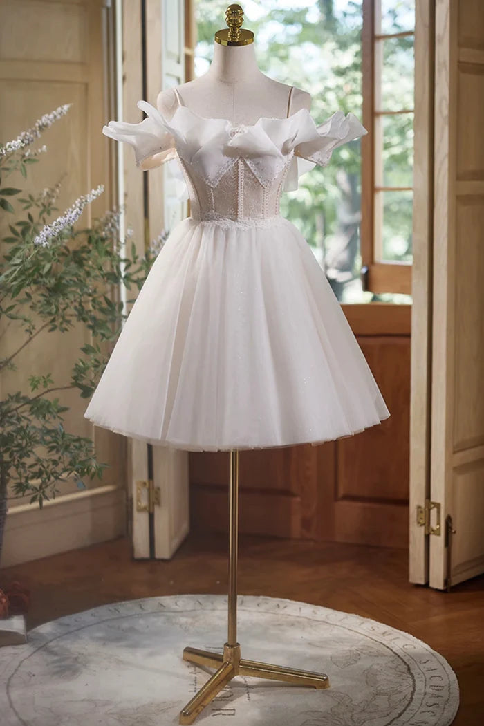 Lovely Champagne Knee Length Prom Dress, A-Line V-Neck Bow Sleeveless Backless Party Dress