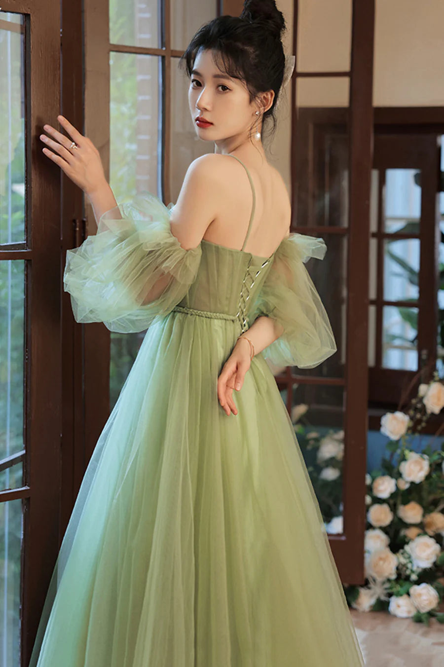 Lovely Green Tulle Long Party Dress, A-Line Evening Party Dress