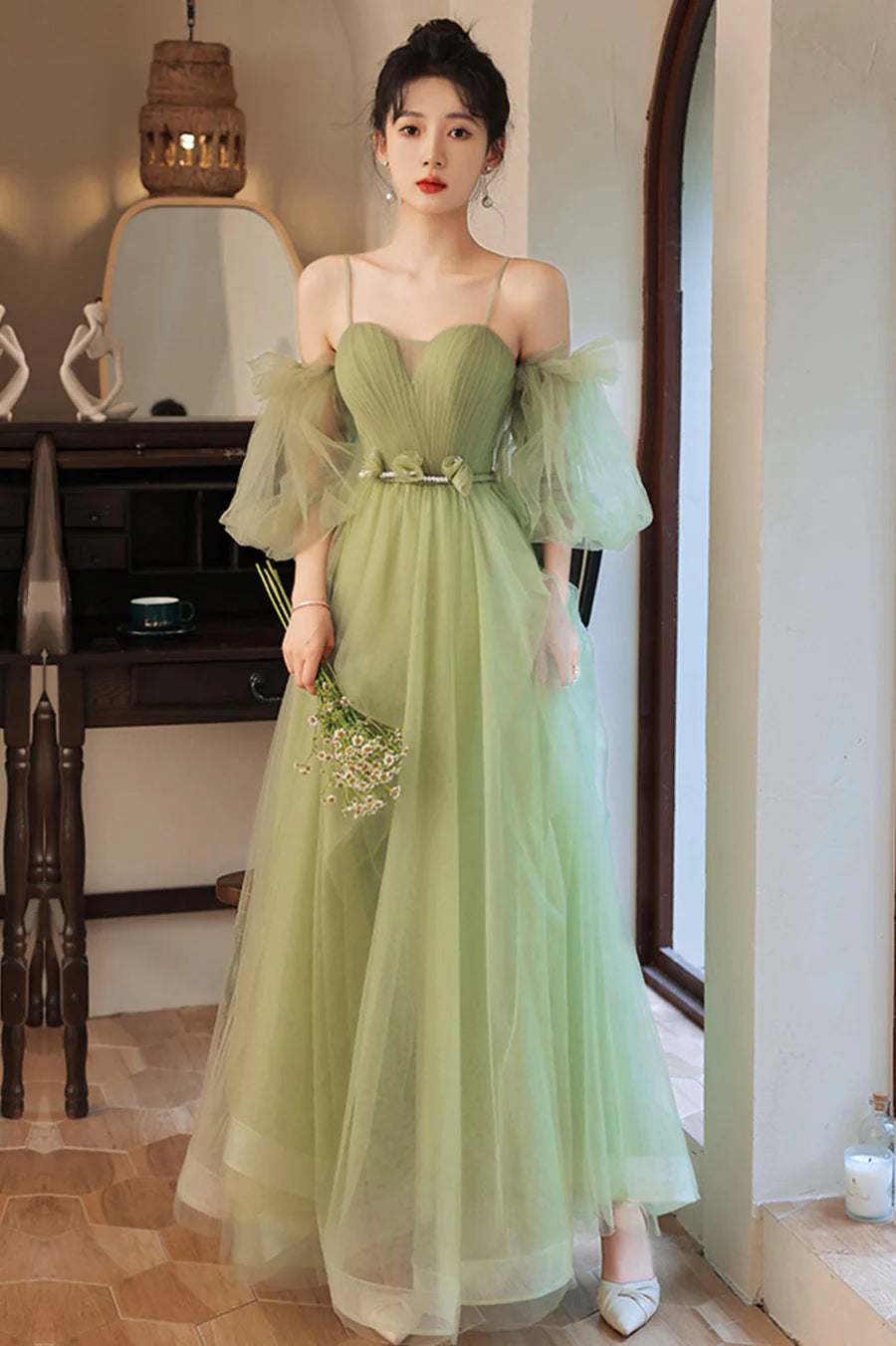 Lovely Green Tulle Long Party Dress, A-Line Evening Party Dress
