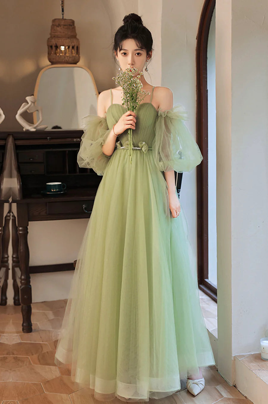 Lovely Green Tulle Long Party Dress, A-Line Evening Party Dress