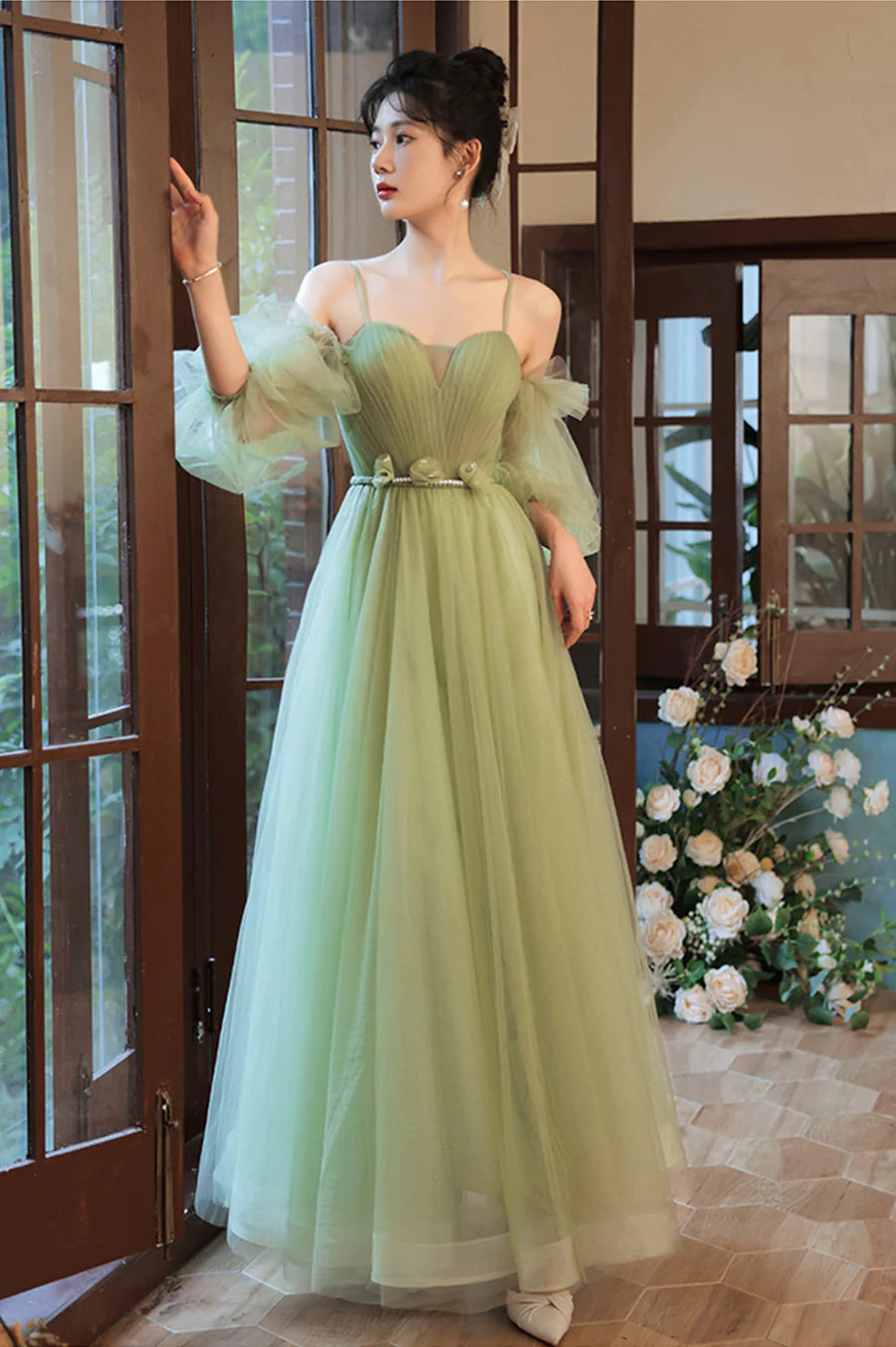 Lovely Green Tulle Long Party Dress, A-Line Evening Party Dress