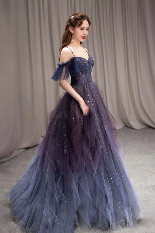 Lovely Spaghetti Strap Ombre Tulle Long Formal Evening Dress, A-Line Party Dress