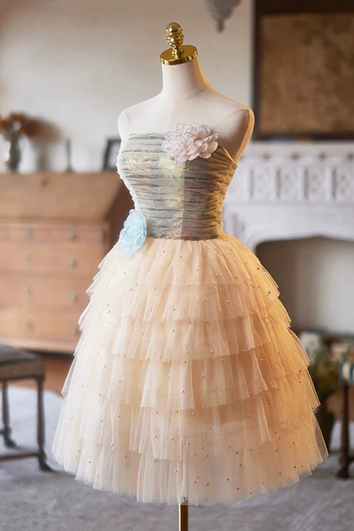 Lovely Tulle Pearl Short Prom Dress, A-Line Strapless Evening Party Dress