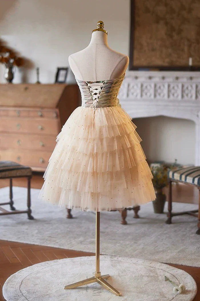 Lovely Tulle Pearl Short Prom Dress, A-Line Strapless Evening Party Dress