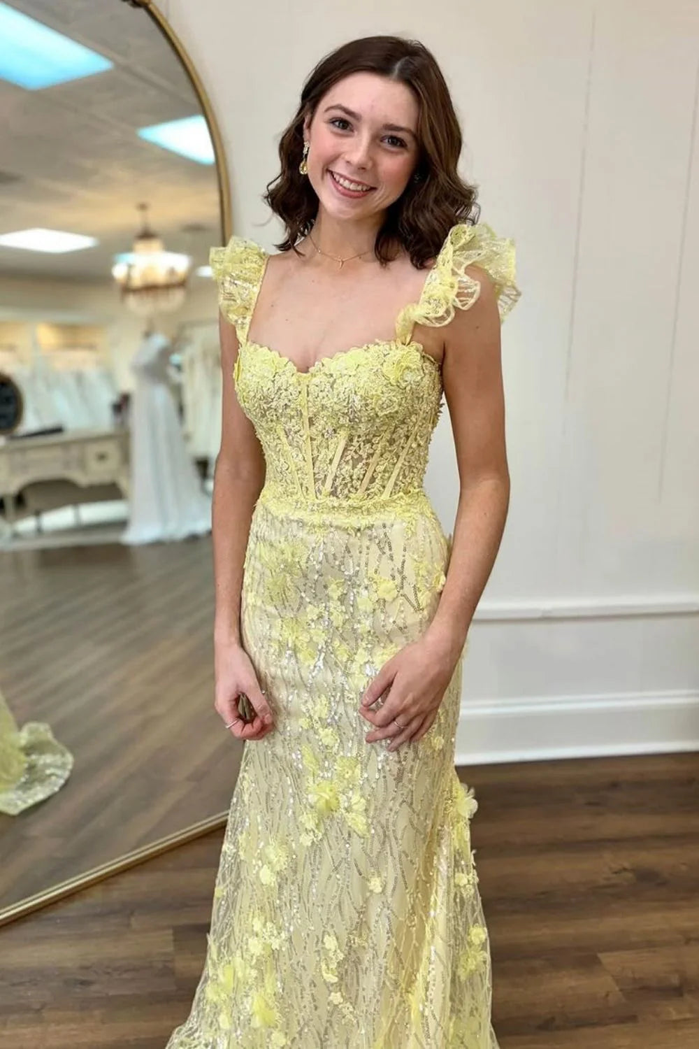 Lovely Yellow Mermaid Long Glitter Unique Design Prom Dress