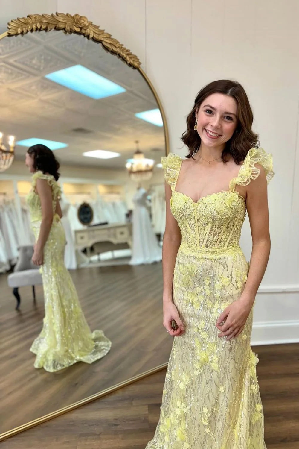 Lovely Yellow Mermaid Long Glitter Unique Design Prom Dress