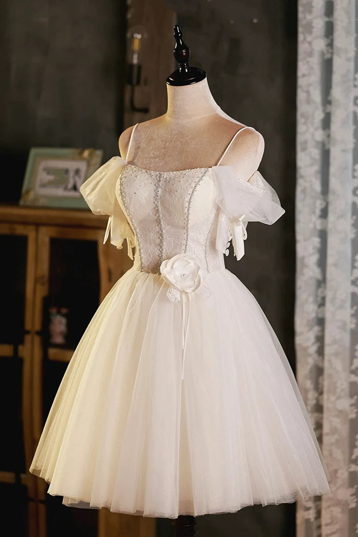 Lovely Spaghetti Strap Tulle Short Prom Dress, Light Champagne A-Line Evening Party Dress