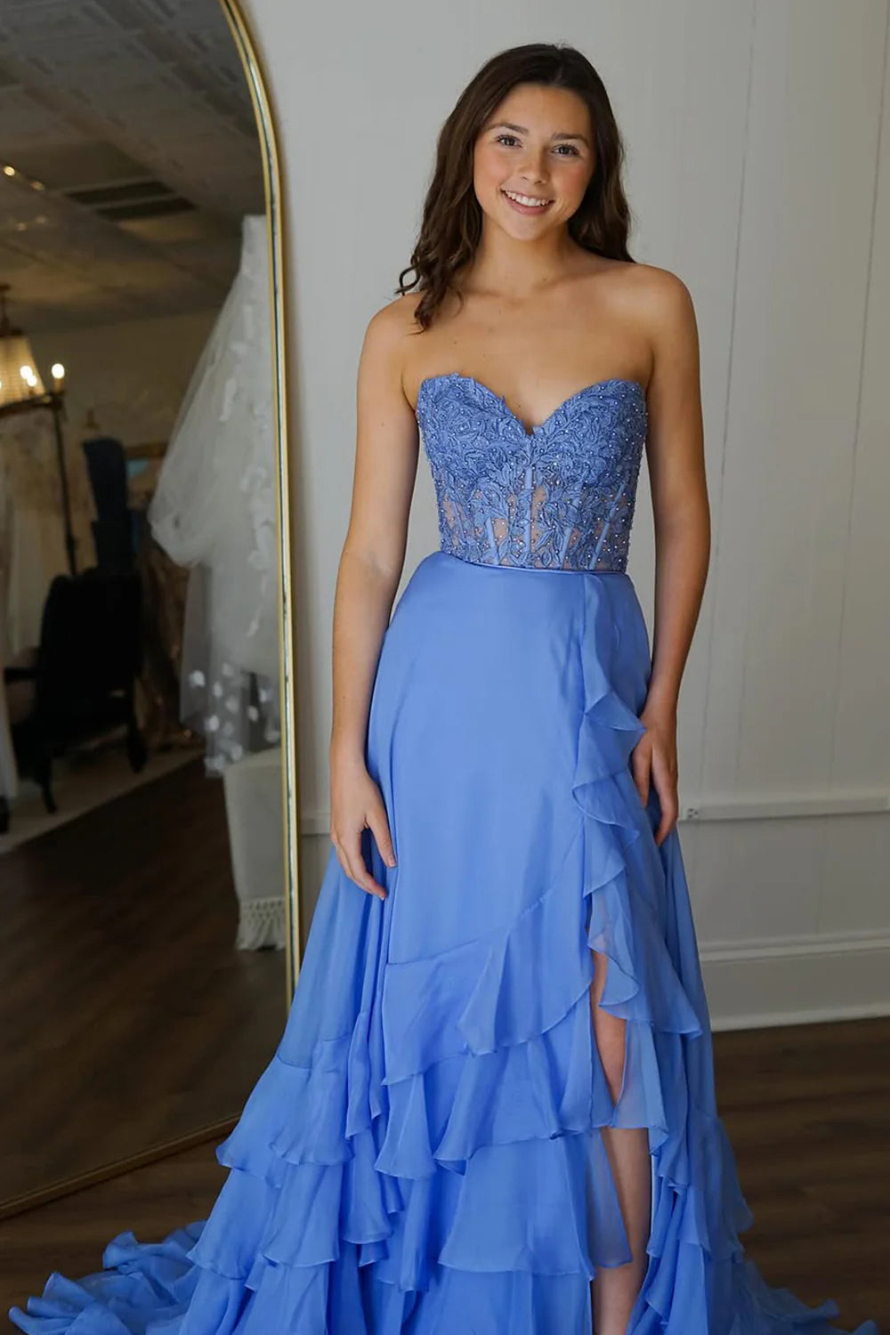 A-Line Sweetheart Lace Top Chiffon Prom Dress With Ruffle Skirt