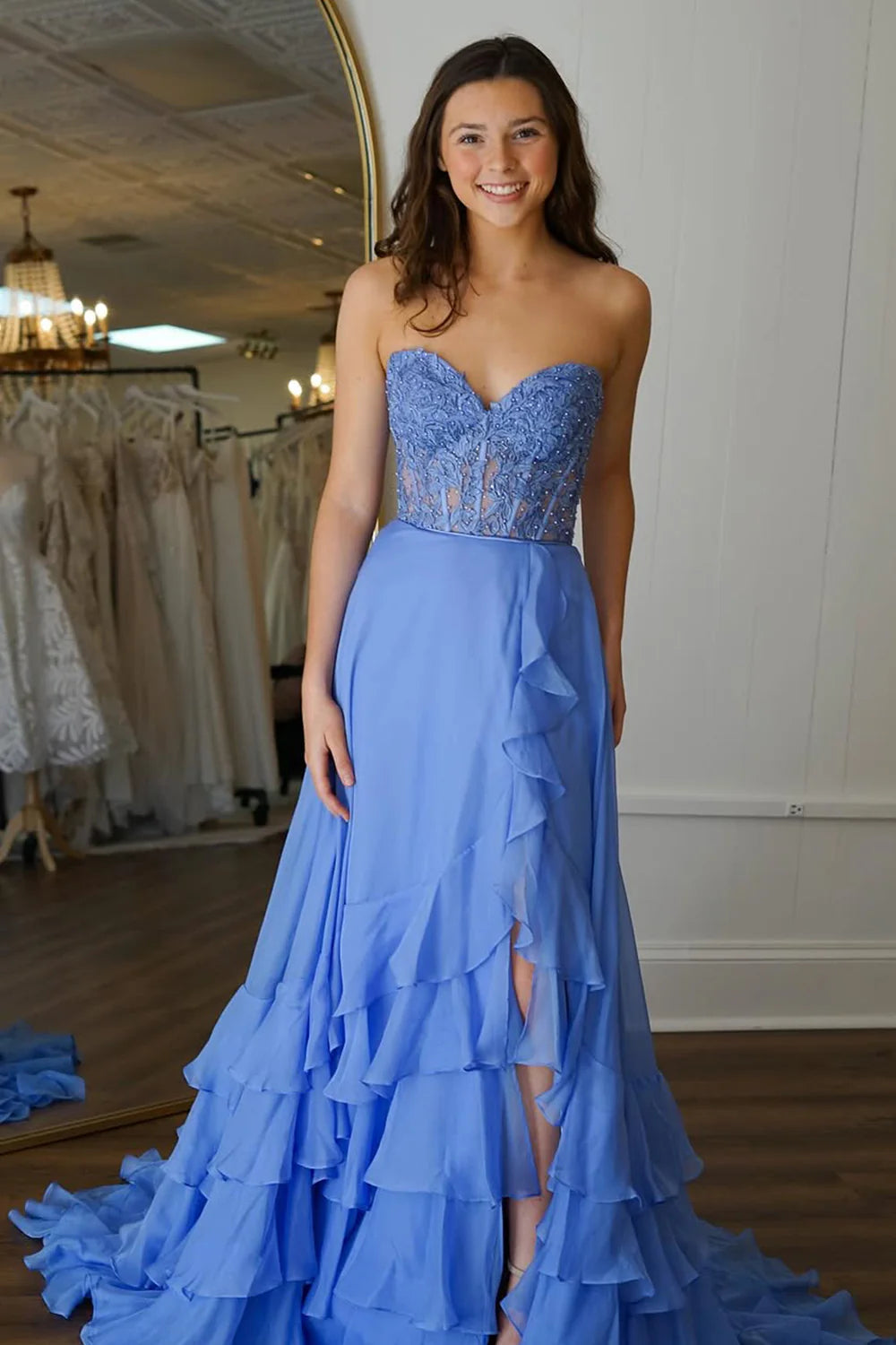 A-Line Sweetheart Lace Top Chiffon Prom Dress With Ruffle Skirt