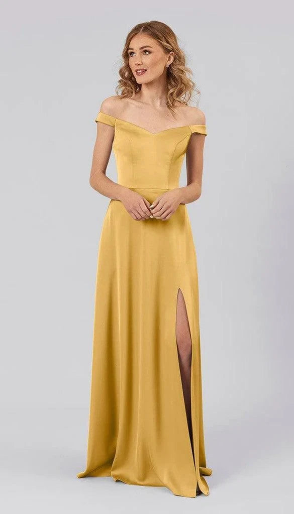 Luminous Satin A-Line Off-Shoulder Sweetheart V-Back Floor-Length Bridesmaid Dresses with Slit