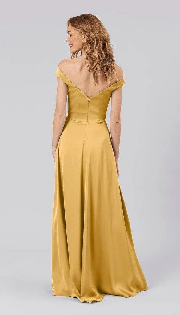 Luminous Satin A-Line Off-Shoulder Sweetheart V-Back Floor-Length Bridesmaid Dresses with Slit