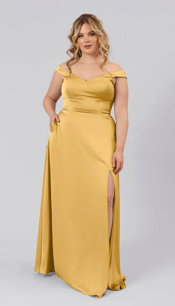 Luminous Satin A-Line Off-Shoulder Sweetheart V-Back Floor-Length Bridesmaid Dresses with Slit
