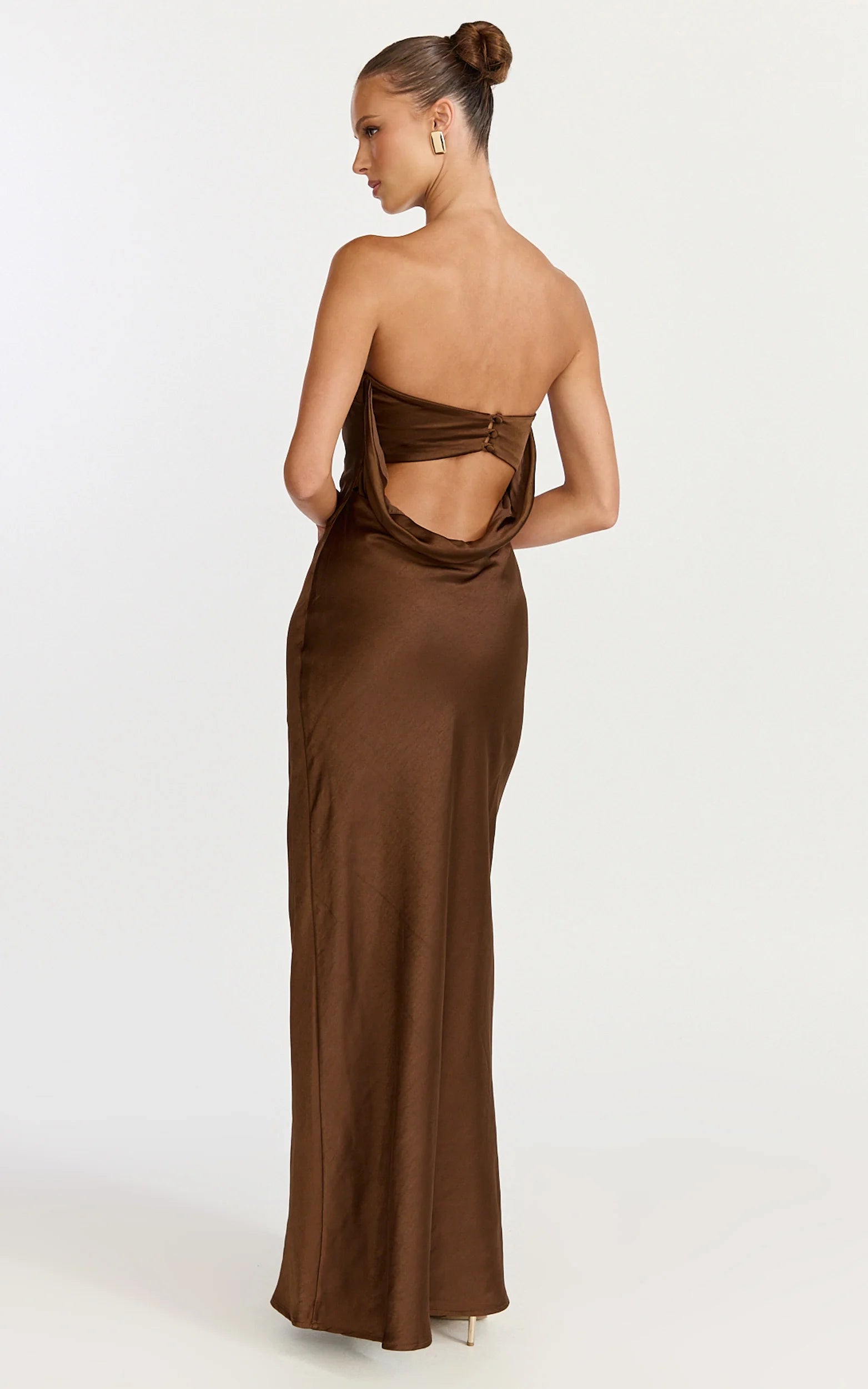Lustrous Mermaid Strapless Cowl-Back Floor-Length Brown Satin Evening Dress