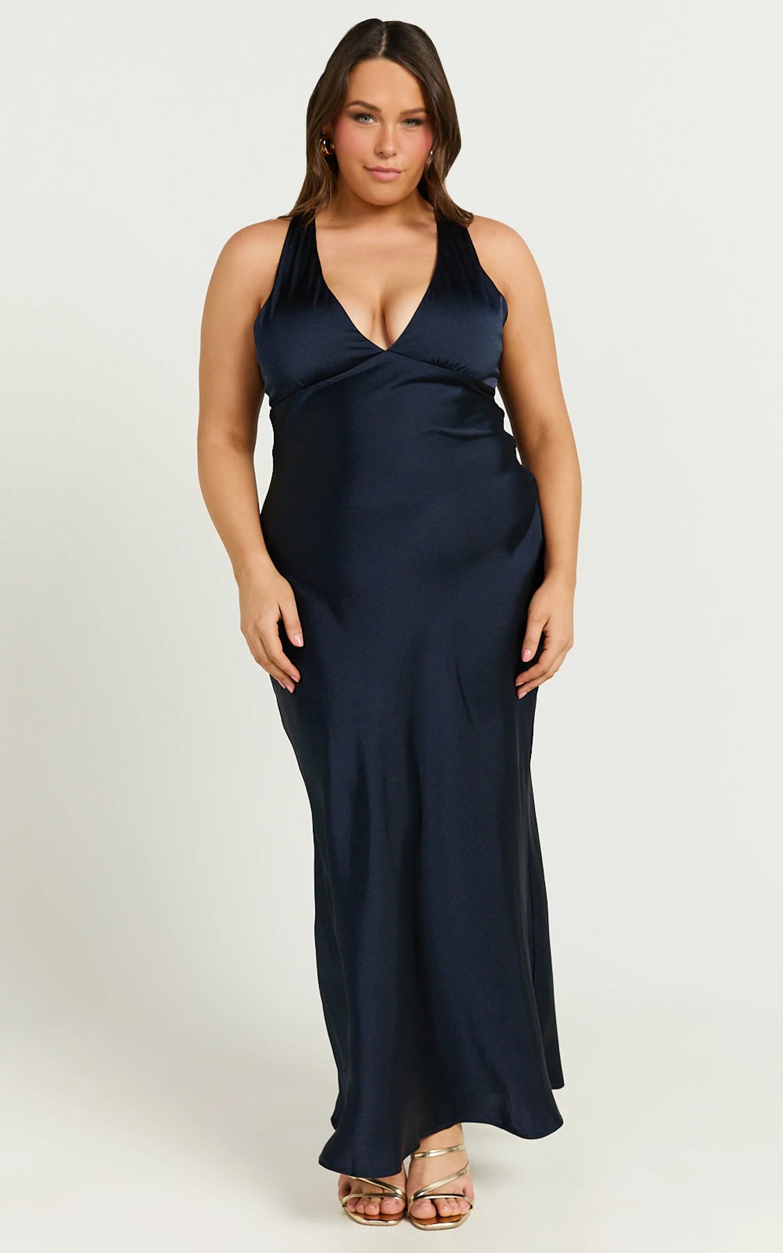 Lustrous Mermaid V-Neck Sleeveless Cross-Back Floor-Length Navy Satin Evening Dress