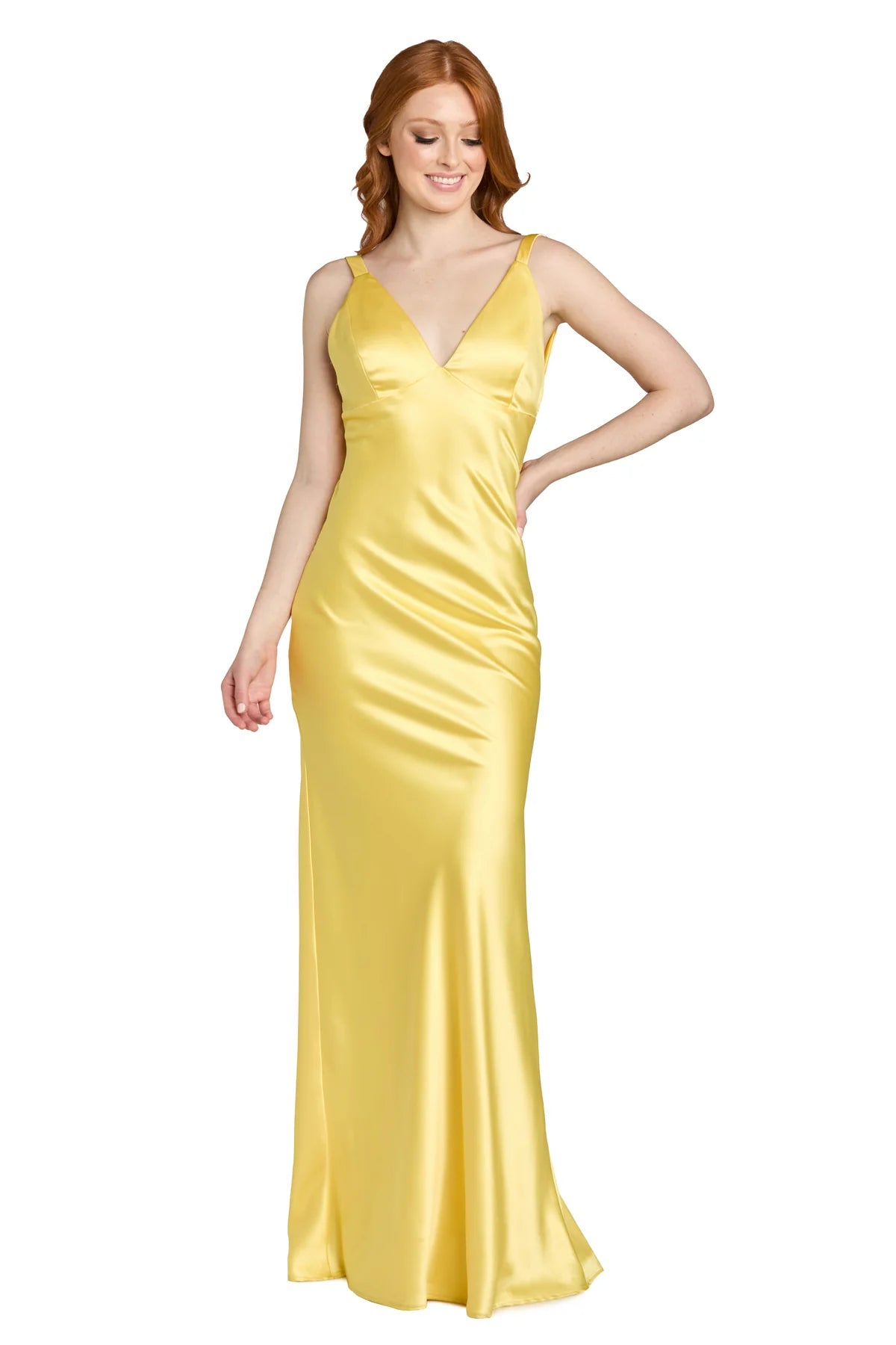 Lustrous Mermaid V-Neck Spaghetti-Strap Crisscross-Back Yellow Satin Evening Dress