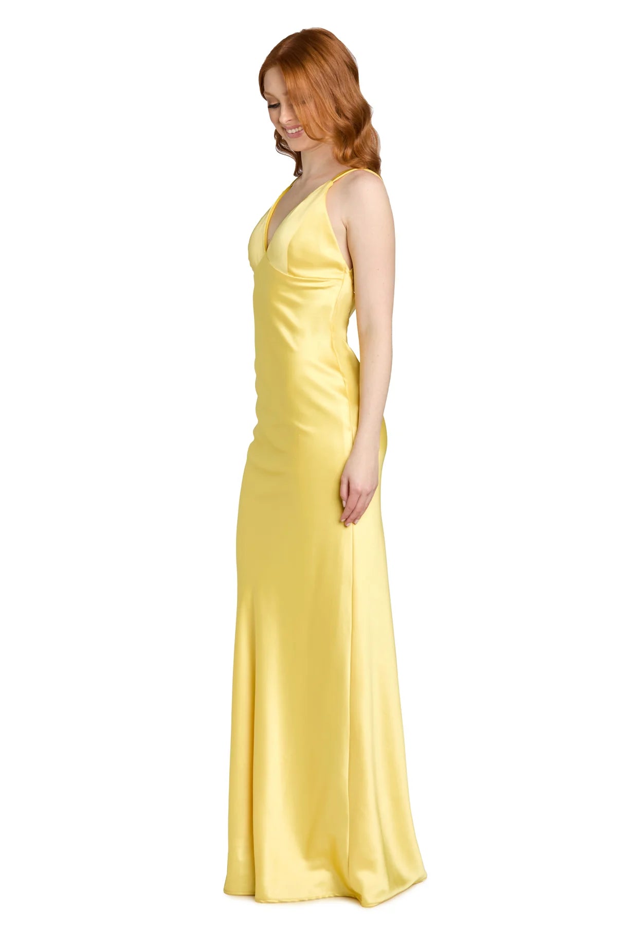 Lustrous Mermaid V-Neck Spaghetti-Strap Crisscross-Back Yellow Satin Evening Dress