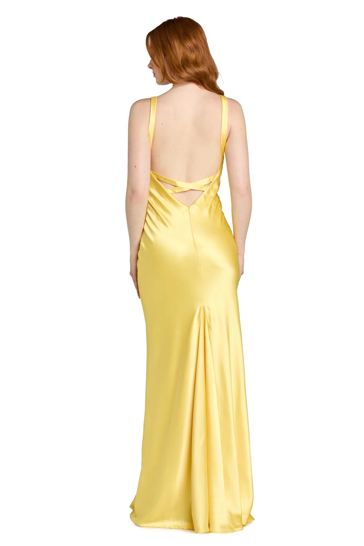 Lustrous Mermaid V-Neck Spaghetti-Strap Crisscross-Back Yellow Satin Evening Dress