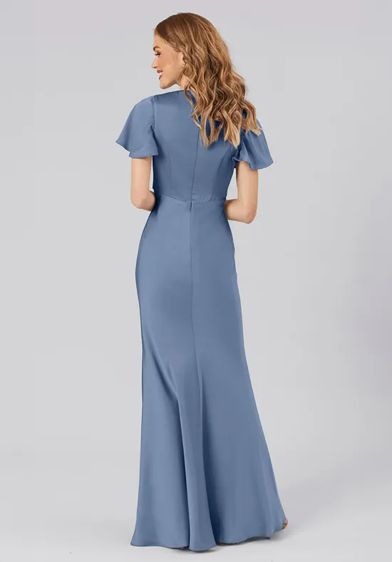 Lustrous Multi Size Mermaid Twisted V Neck Flutter Short Sleeves Plain Zipper Back Floor Length Bridesmaid Dress